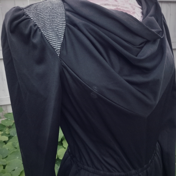 80s Glam:Black Puffed Shoulder Vintage Pantsuit with Flounce - Picture 4 of 10